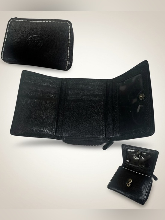 Handbags - Roots Black Leather Trifold Wallet White Stitch Zip Coin Pocket Organizer Case